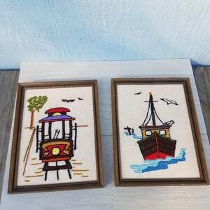 Vintage 1970s Handmade Art Needlepoint Trolley & Boat Framed Art Boho Nautical
